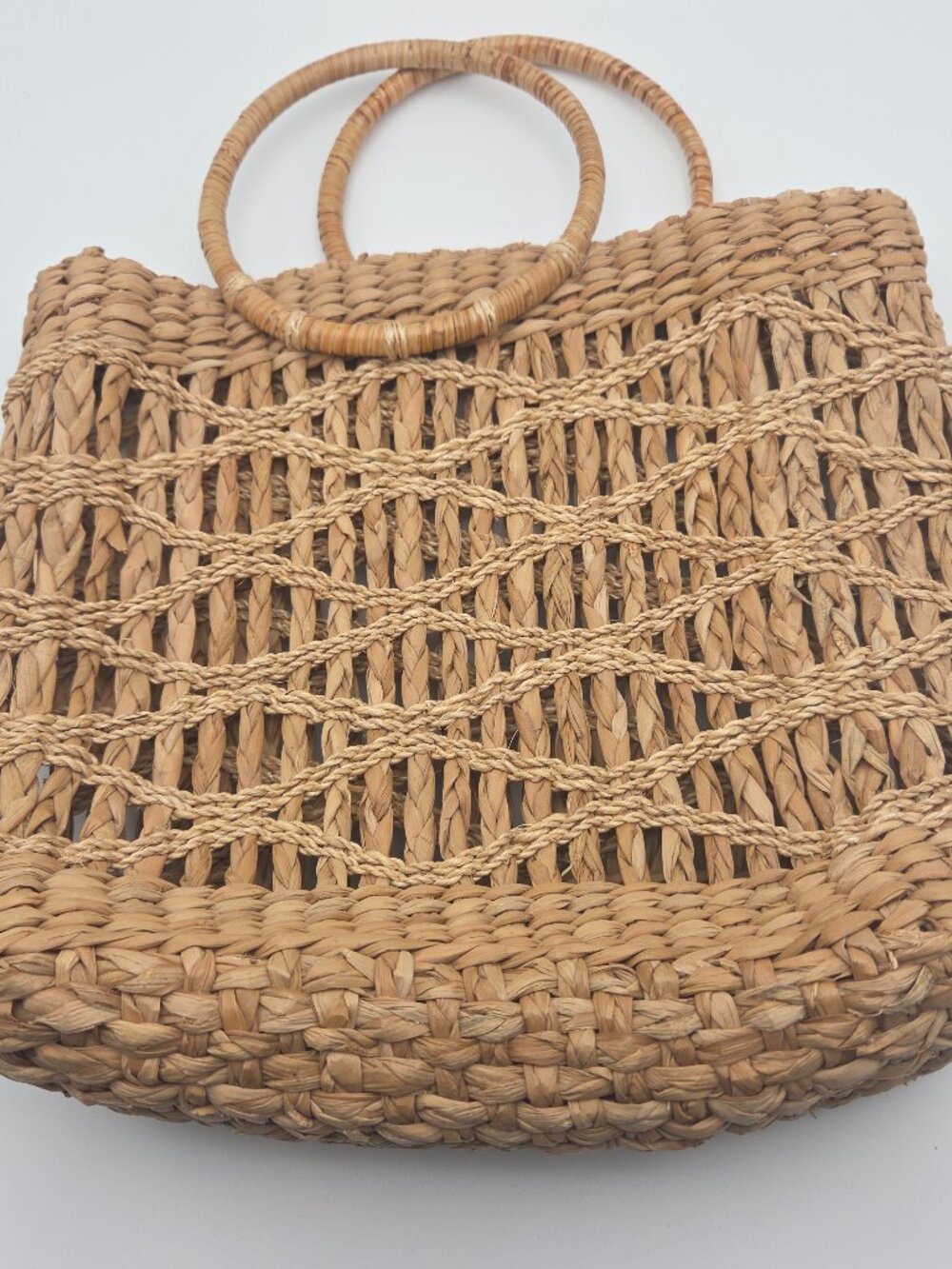 Vintage Esprit Woven Straw Basket Tote w/ Wooden Logo